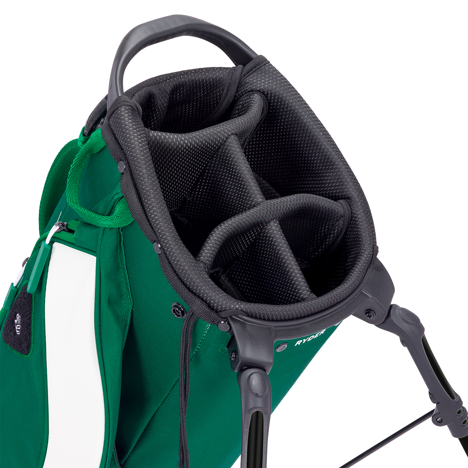 Close-up of a green golf bag with a black head cover on a white background