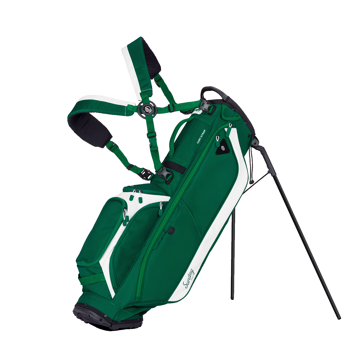 Green golf bag with white accents on a white background
