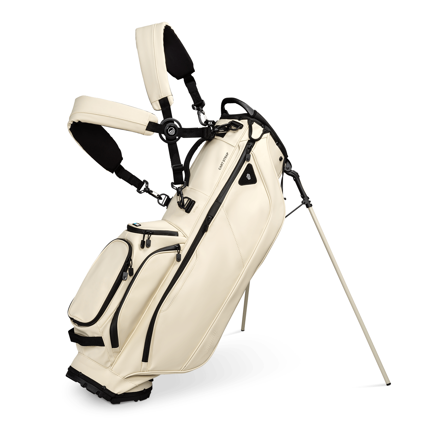 A full front shot of standing Ryder S-Class golf bag in cream vegan leather with double strap