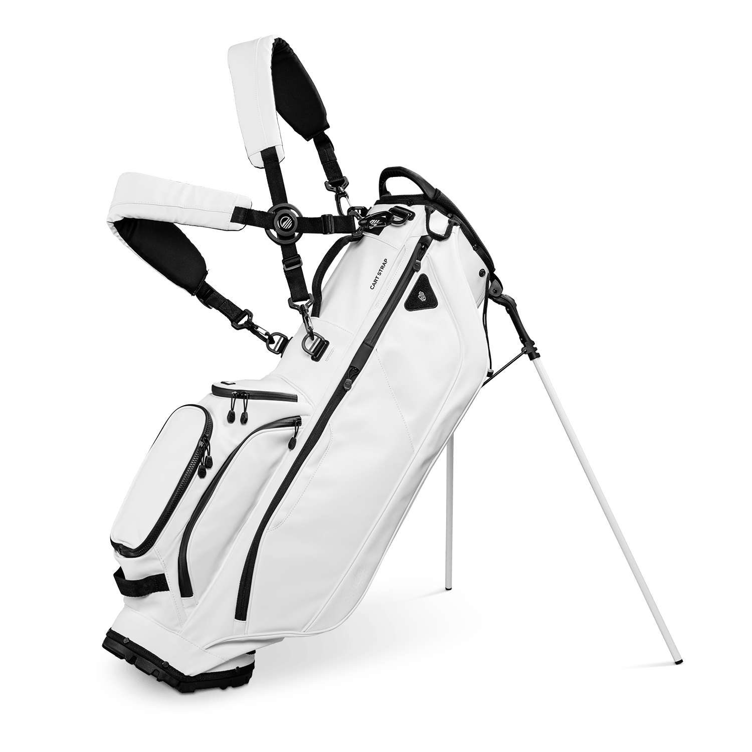 A full front shot of standing Ryder S-Class golf bag in white vegan leather with double strap