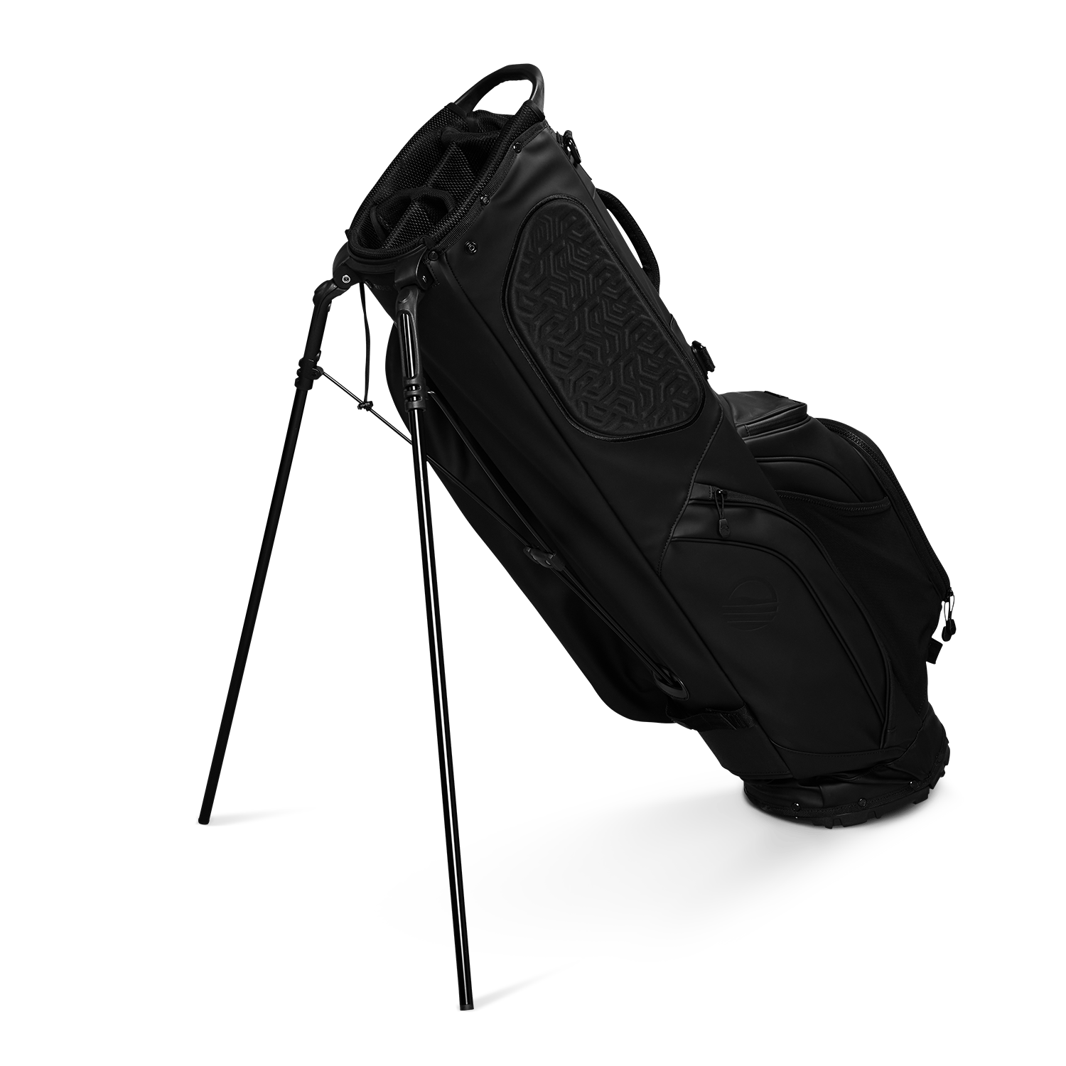 A full shot of standing Ryder S-Class golf bag in black vegan leather facing backward