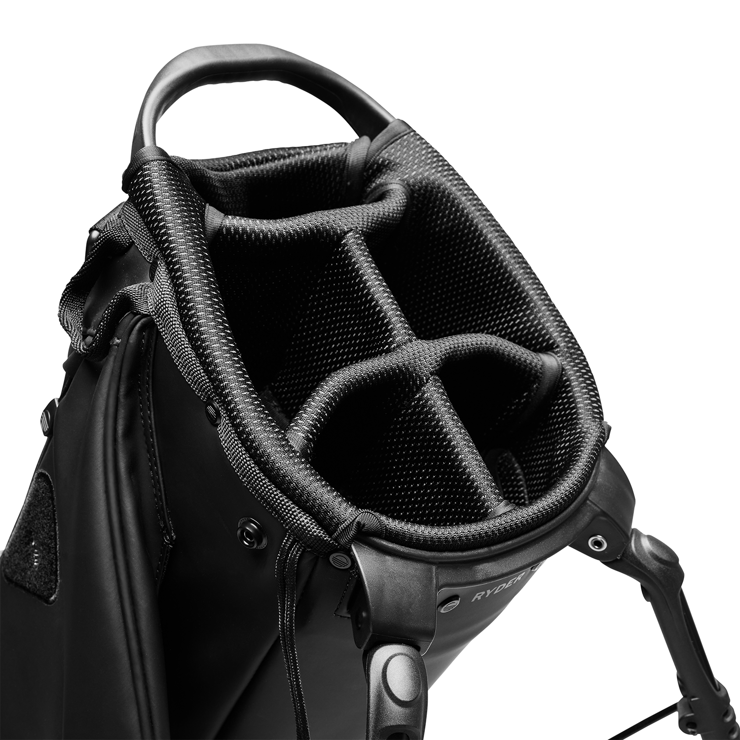 A close up top view of a black vegan leather Ryder S-Class golf bag’s 5-way divider