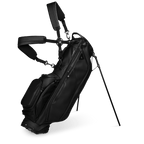 A full front shot of standing Ryder S-Class golf bag in black vegan leather with double strap