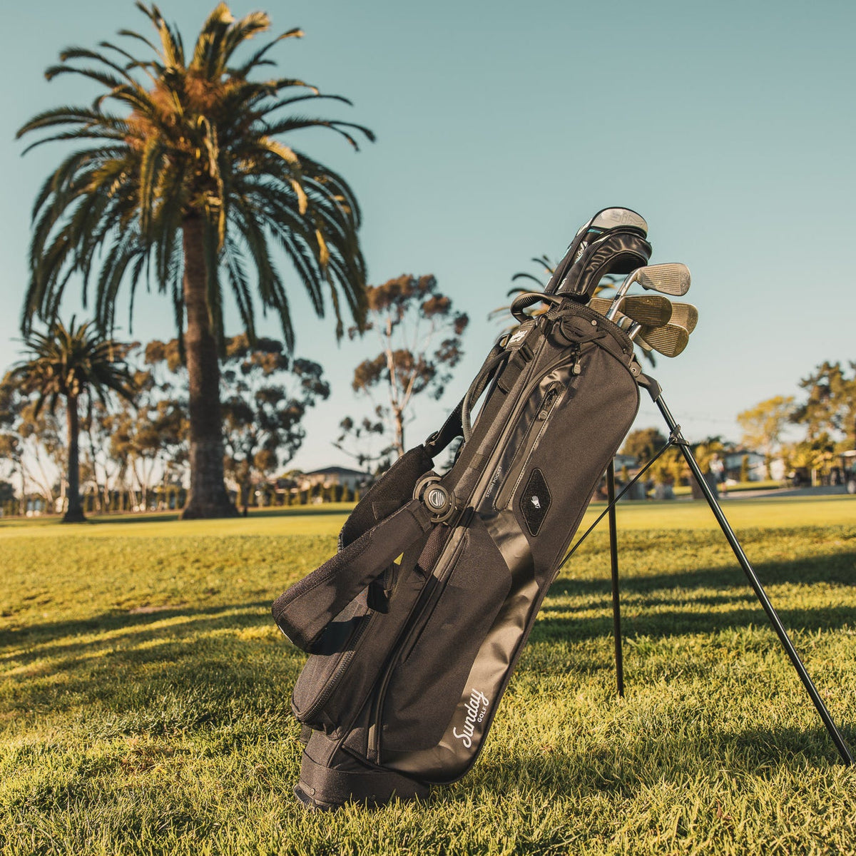 A standing matte black El Camino golf bag on a golf course with palm trees in the background 